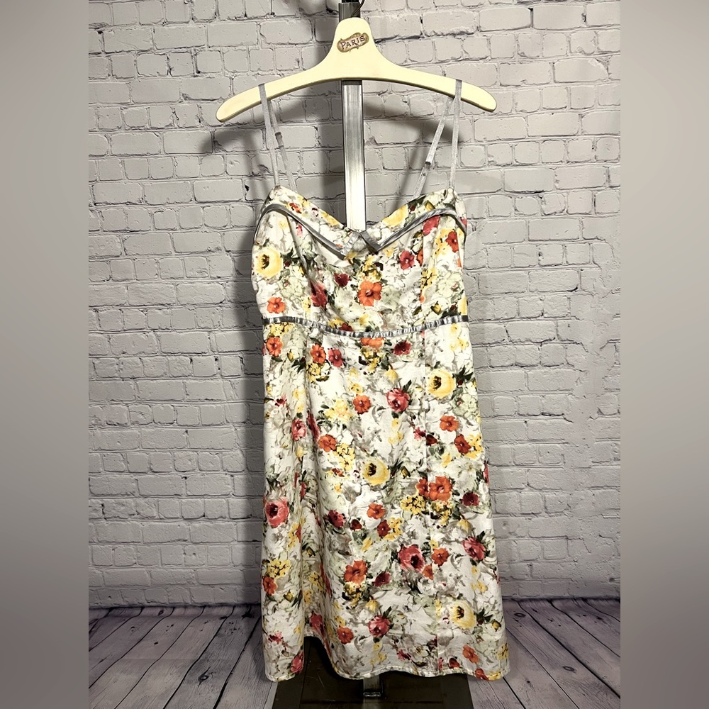 Romy Women’s M Floral Cotton Dress w/ Adjustable Silver Ribbon Straps. Side Zip